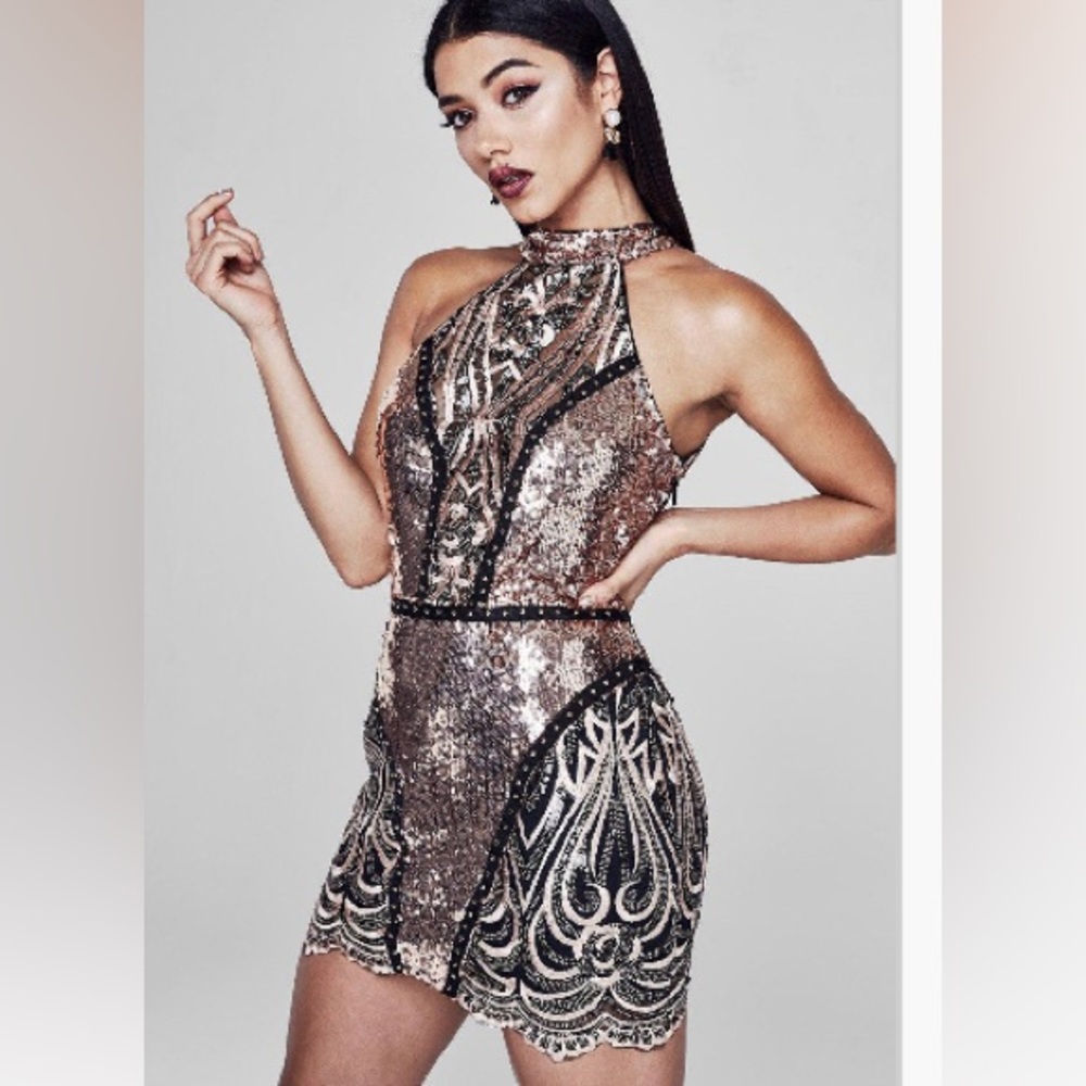 Boohoo premium sequin Lauren halter neck mini dres